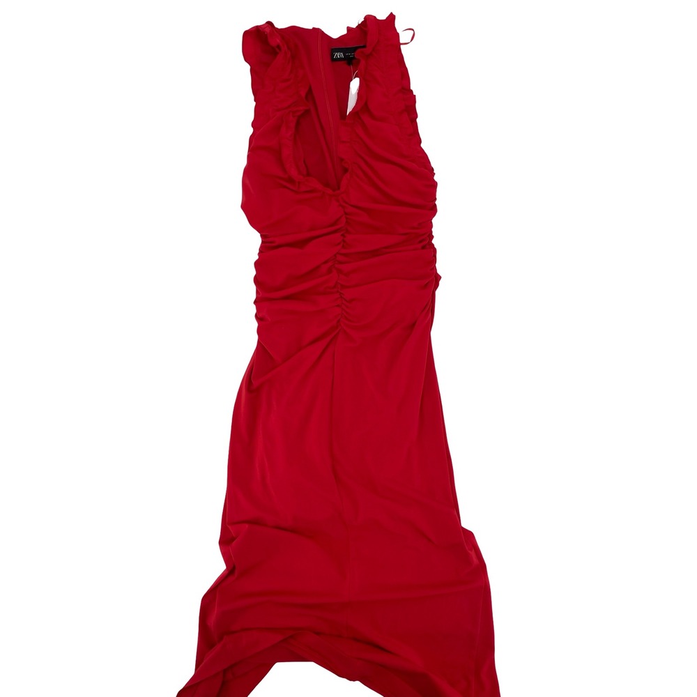 Zara Women Dress Sleeveless Ruched Ruffle Red Medium